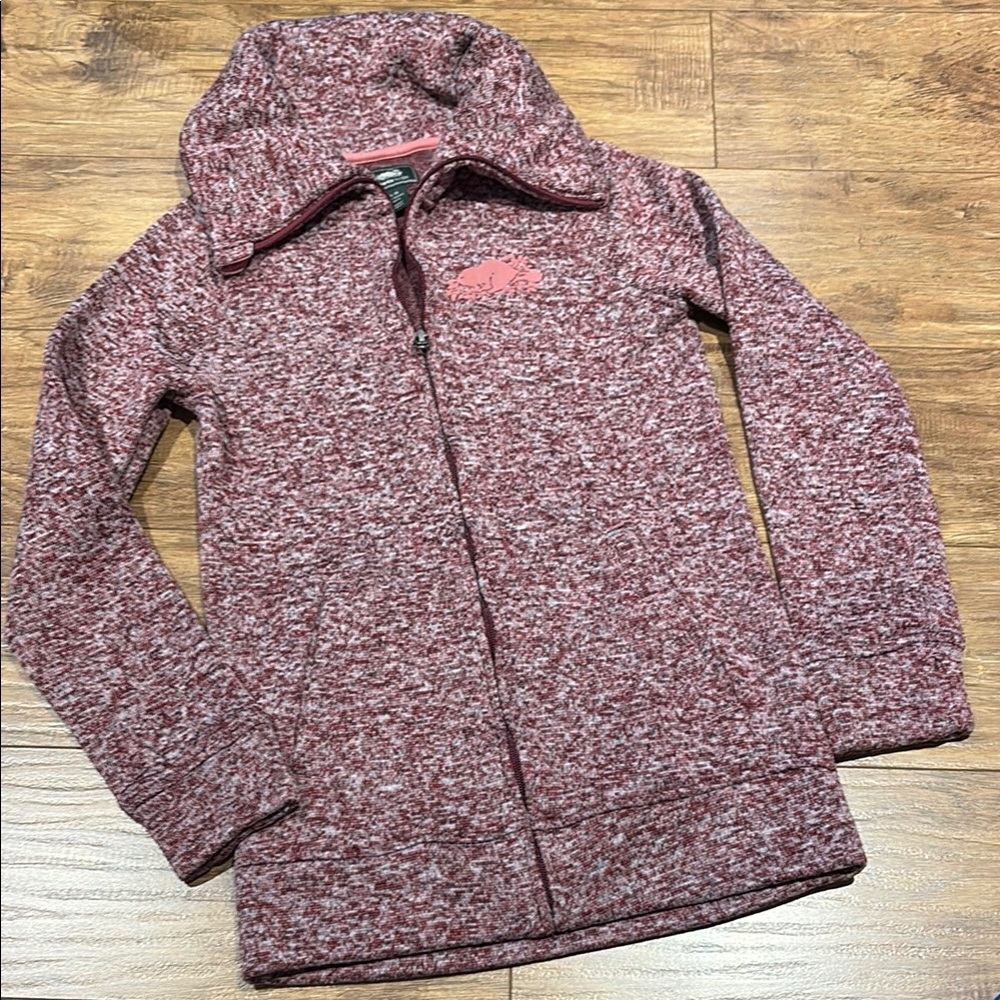Roots kids full zip speckled maroon and pink high neck cozy cottagecore sweater